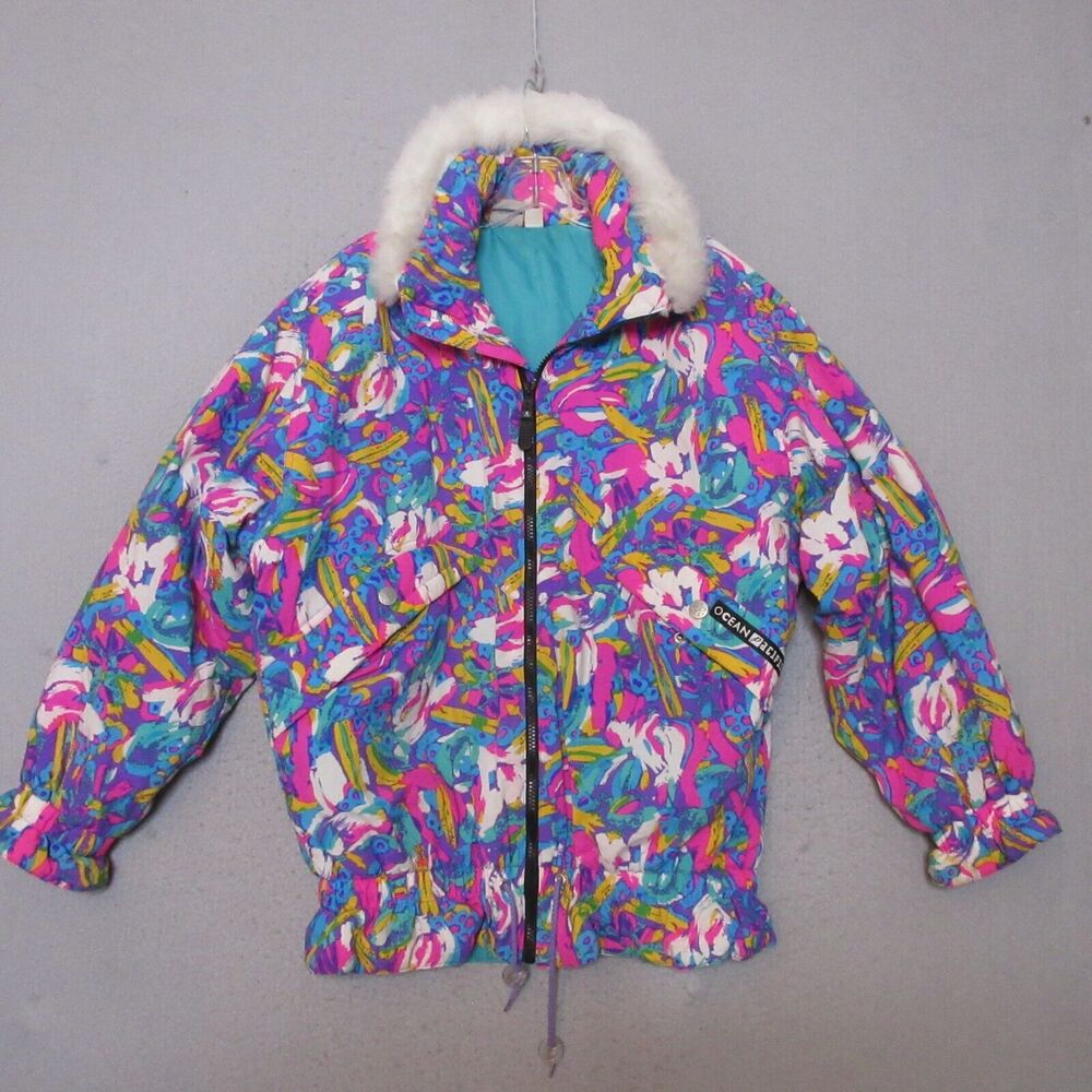 Vintage OP Ski Jacket Coat‎ Juniors Colorful Bright Abstract Faux Fur Nylon 80s